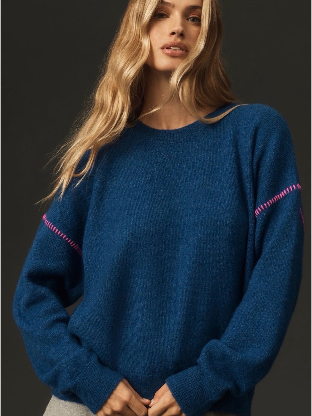 SUNDRY Oversized Knit Sweater Blue Sapphire Pink Cerise Pullover Wool Blend S